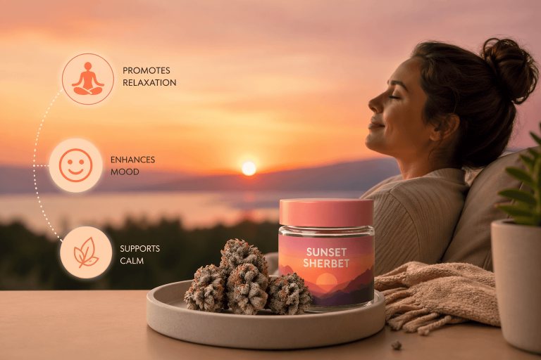 Sunset Sherbet Strain Effects: Mood Support, Calm & Balanced Cannabis Experience
